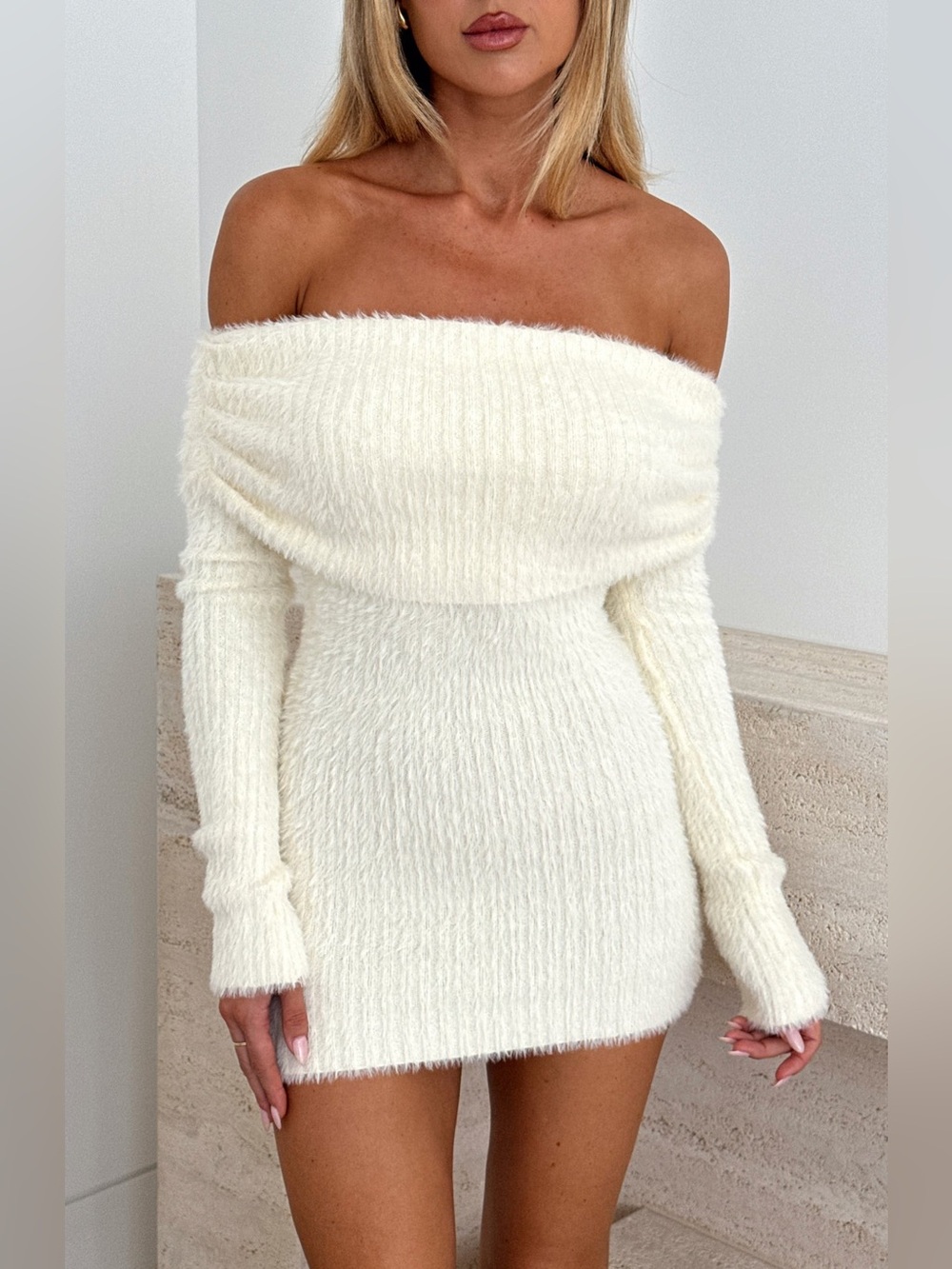 White Fox Calling Out To You Long Sleeve Dress Winter White Medium NWT - C77-013